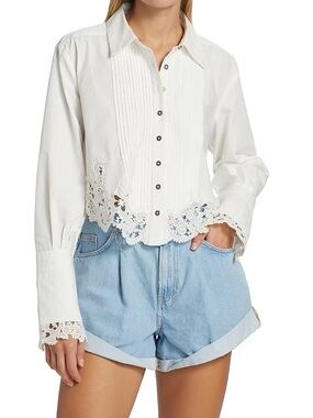 Free People Ivory Lace-Trim Button Front Blouse